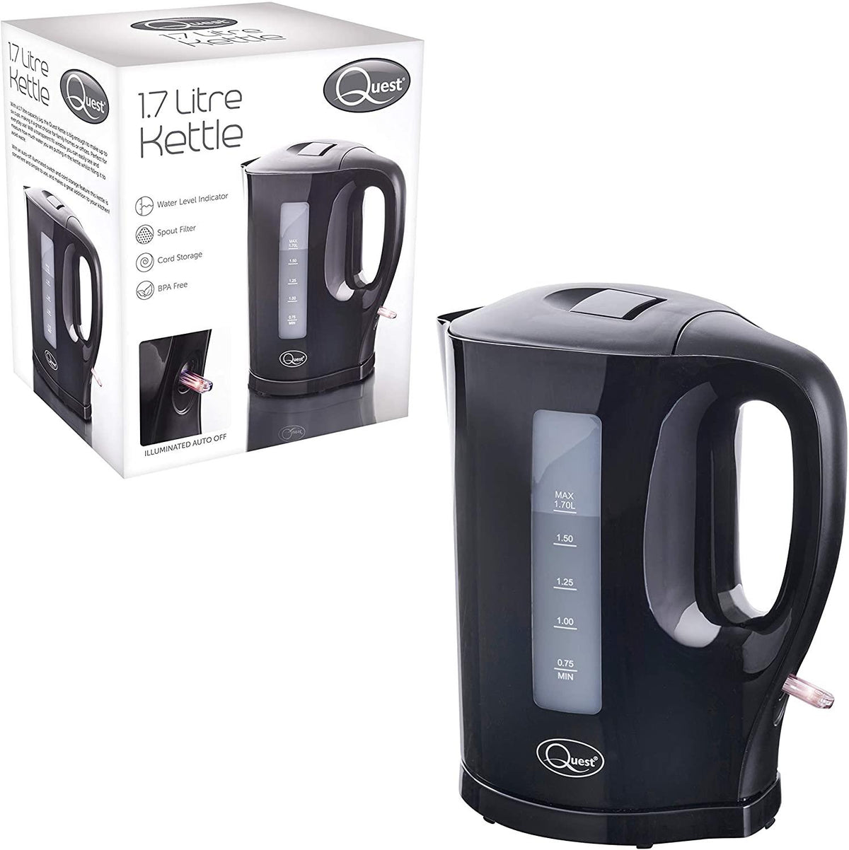 Daewoo Quest 1.7L Cordless Jug Kettle with Auto Shut-Off & Water Level Window – Black