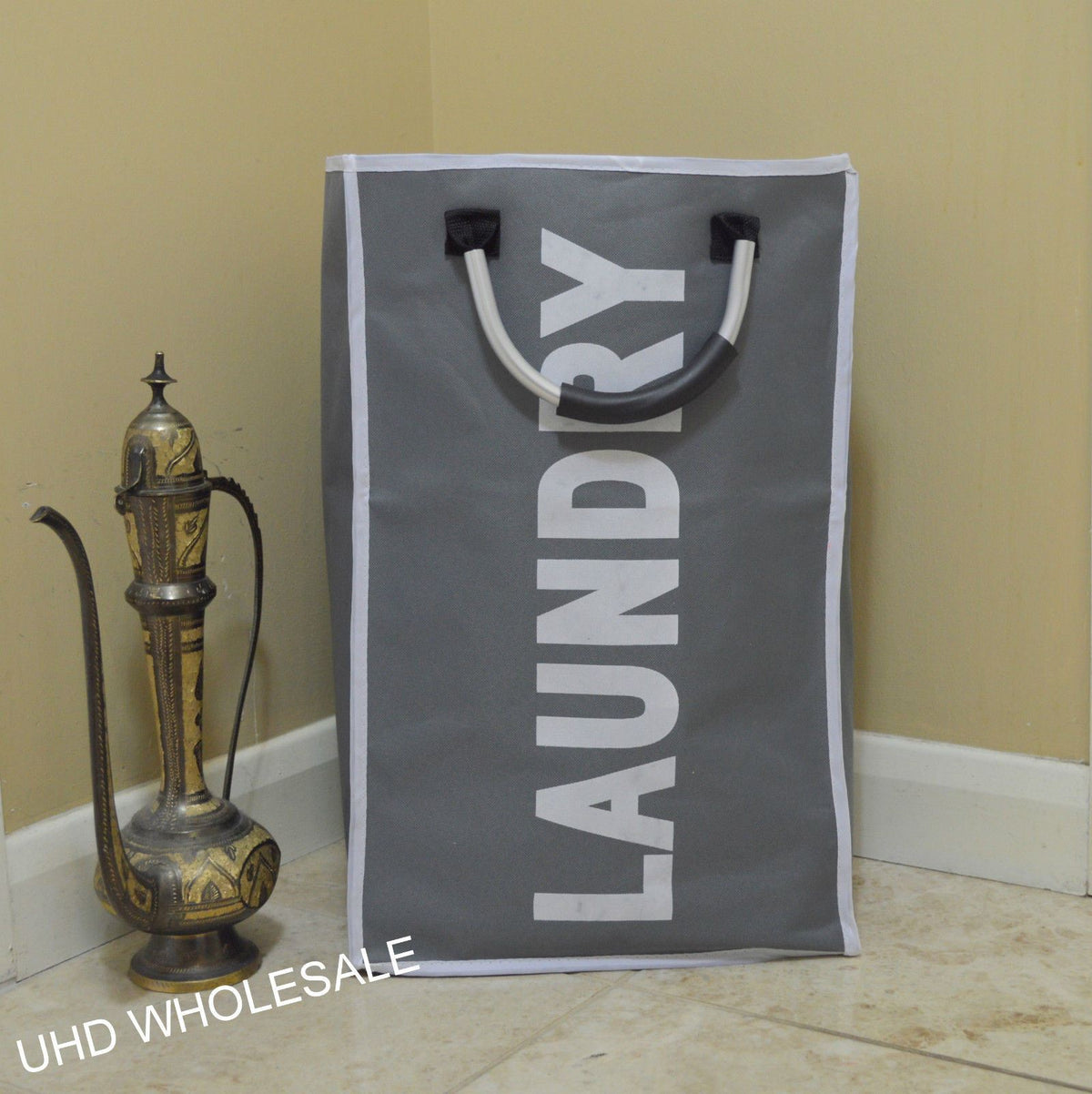 Single Laundry Bag with Aluminium Carry Handles – Lightweight Foldable Polyester Washing Bag, Dark Grey