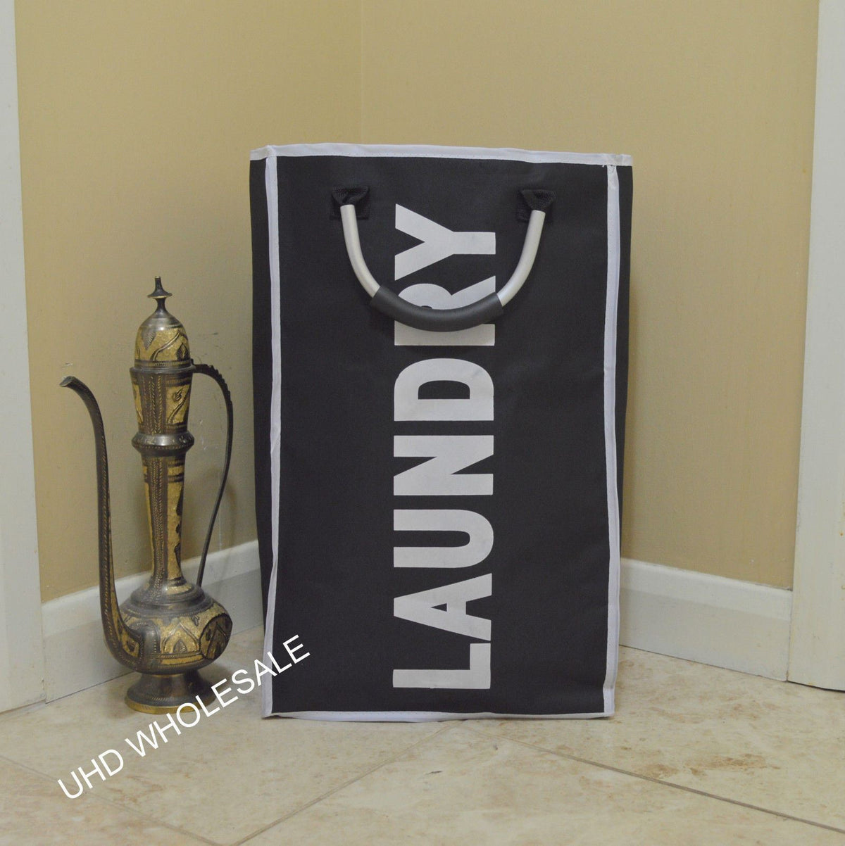 Single Laundry Bag with Aluminium Carry Handles – Lightweight Foldable Polyester Washing Bag, Black