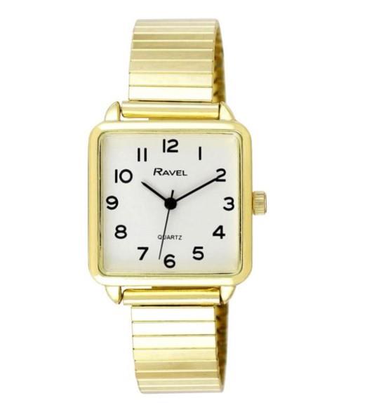 Ravel Women's Classic Square Watch, White Dial, Gold Expander Bracelet, 2.6cm