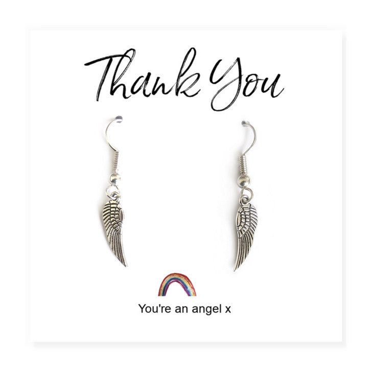 Aye Do Gifts Angel Wing Earrings on Rainbow Thank You Card – Sterling Silver Plated Gift in Black Gift Box
