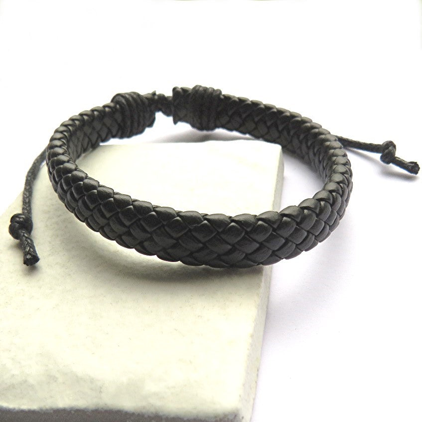 Aye Do Gifts Men's Black Leather Weave Bracelet – Adjustable Cord, 10mm