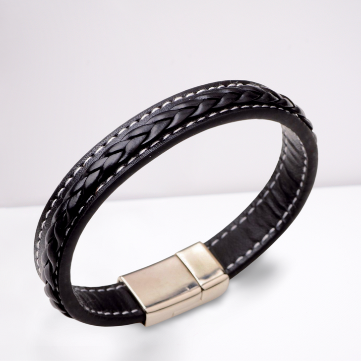 Aye Do Gifts Men's Black Faux Leather Bracelet – Magnetic Clasp, White Stitching