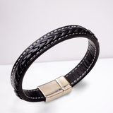 Aye Do Gifts Men's Black Faux Leather Bracelet – Magnetic Clasp, White Stitching