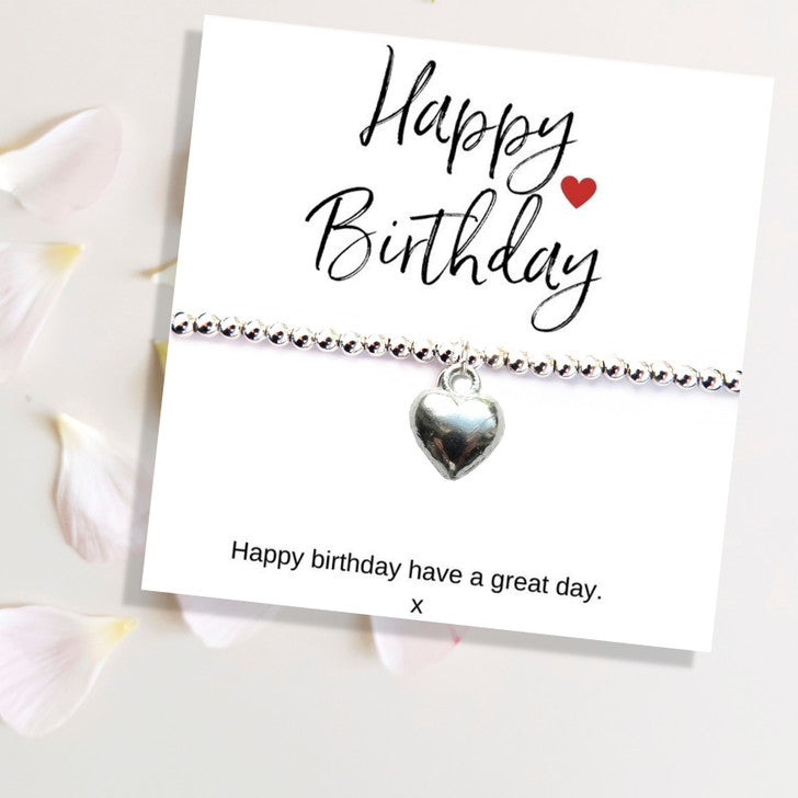 Aye Do Gifts Happy Birthday Silver Plated Beaded Heart Bracelet on Message Card – Stretch Gift, Gift Box