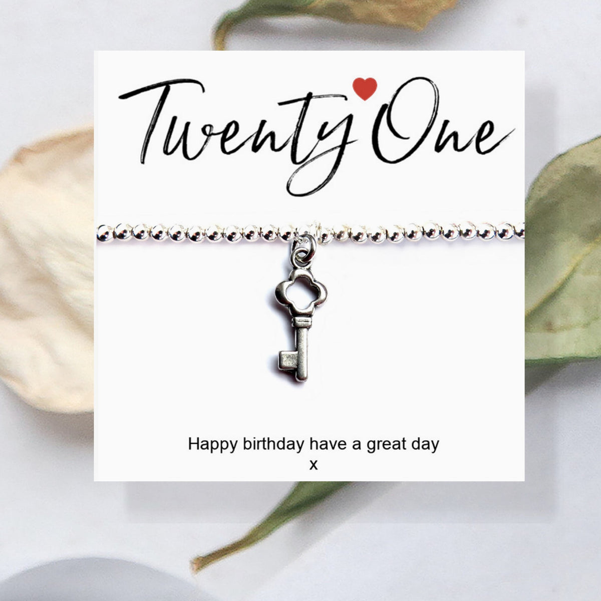 Aye Do Gifts 21st Birthday Silver Key Charm Stretch Beaded Bracelet on Message Card – Keepsake Gift Boxed