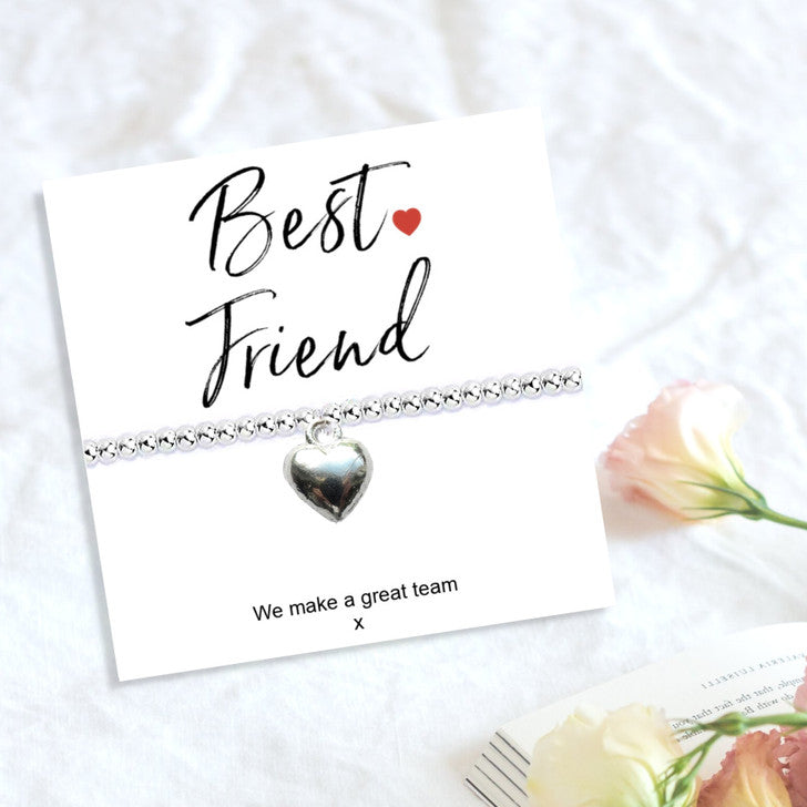 Aye Do Gifts Best Friend Stretch Beaded Bracelet & Message Card – Silver Plated Heart Charm Keepsake Gift