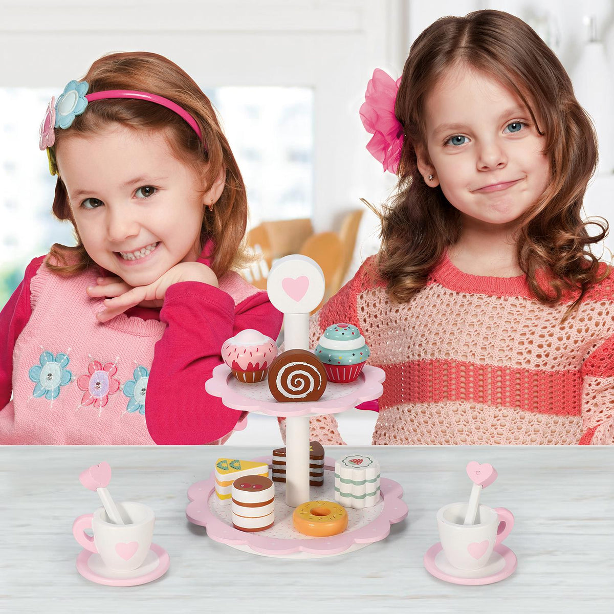 SOKA Wooden Heart Dessert Tower Toy Cake Stand with 8 Cakes – Tea Party Pretend Play Set for Ages 3+
