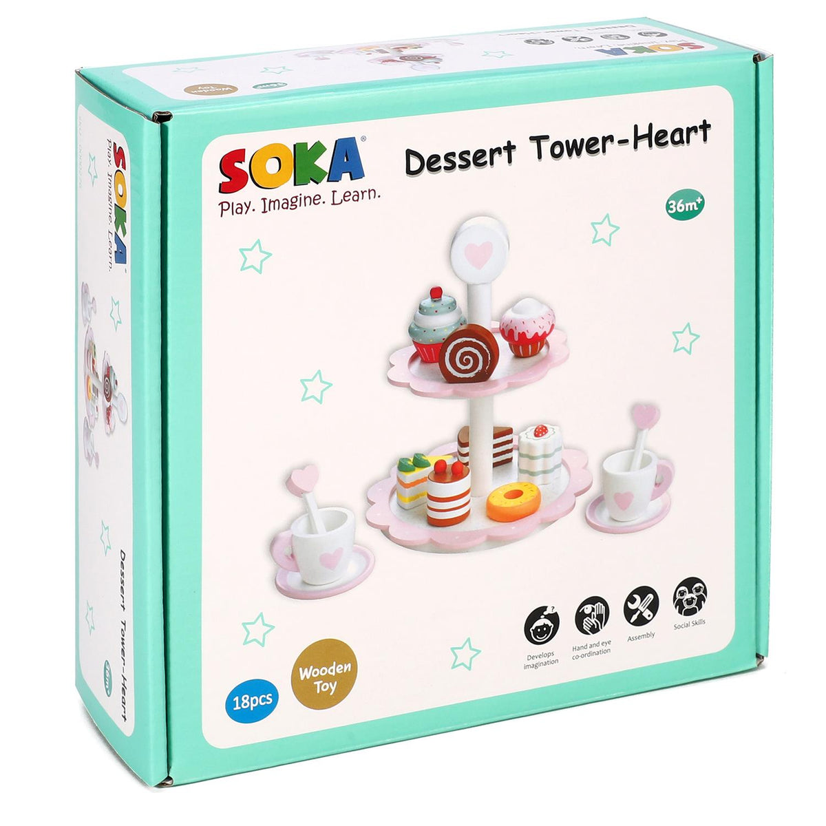 SOKA Wooden Heart Dessert Tower Toy Cake Stand with 8 Cakes – Tea Party Pretend Play Set for Ages 3+