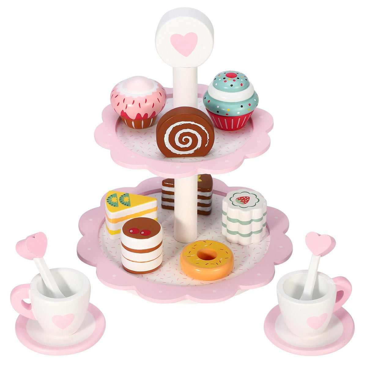 SOKA Wooden Heart Dessert Tower Toy Cake Stand with 8 Cakes – Tea Party Pretend Play Set for Ages 3+