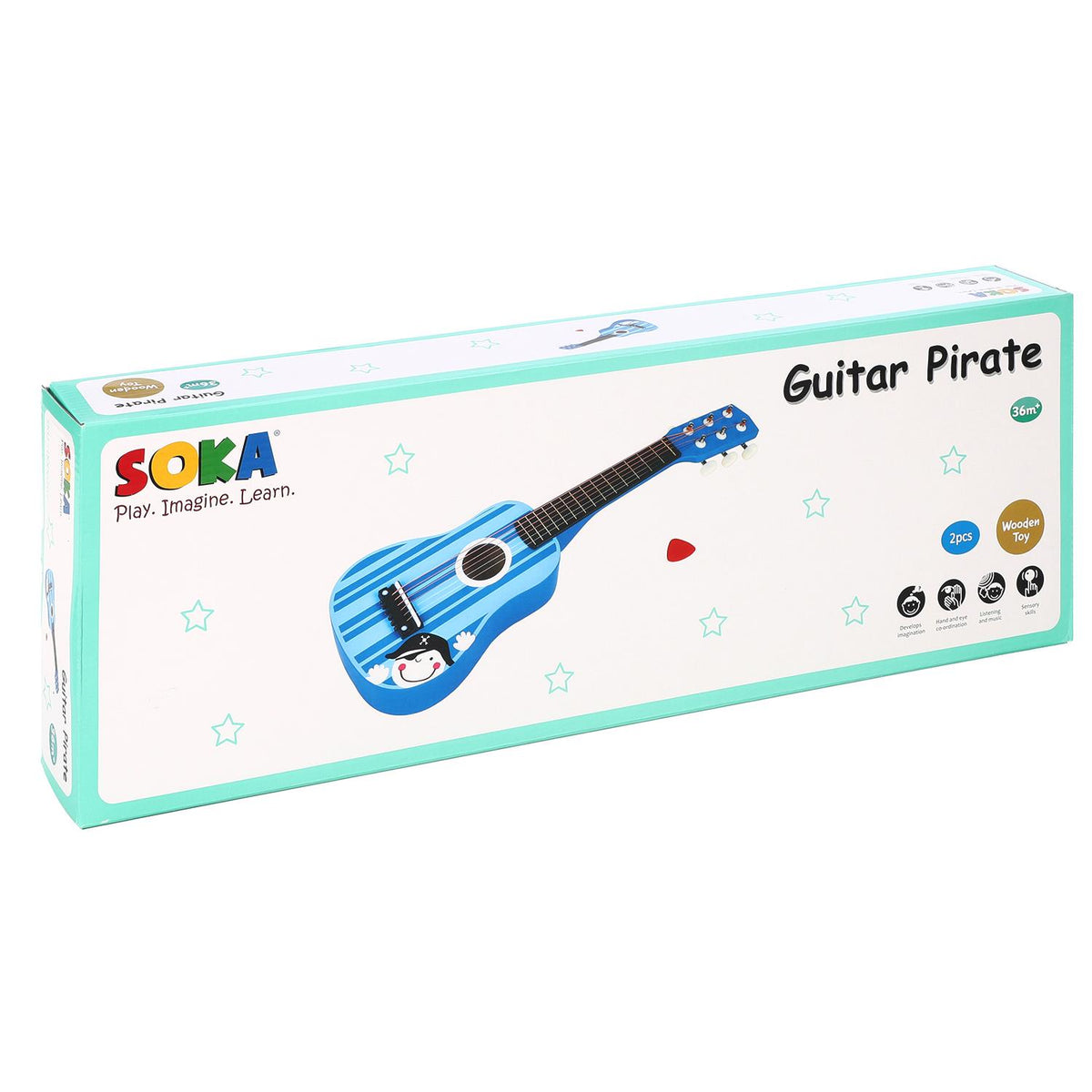 SOKA Wooden Children's Guitar with 6 Strings – Blue Striped Pirate Design, Kids Musical Instrument