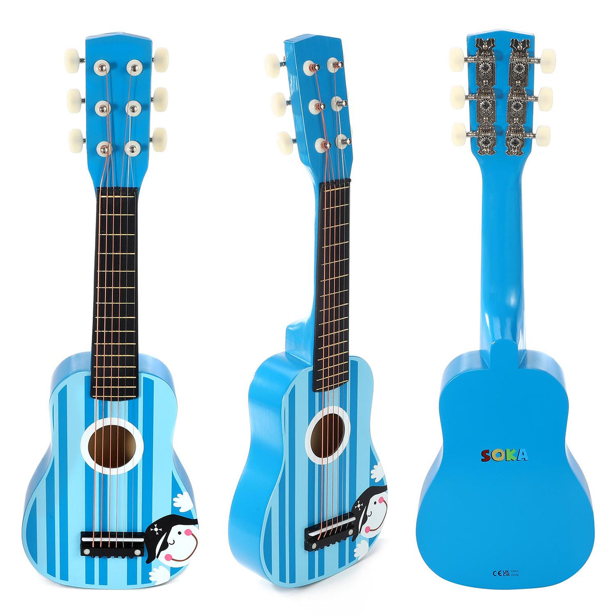 SOKA Wooden Children's Guitar with 6 Strings – Blue Striped Pirate Design, Kids Musical Instrument