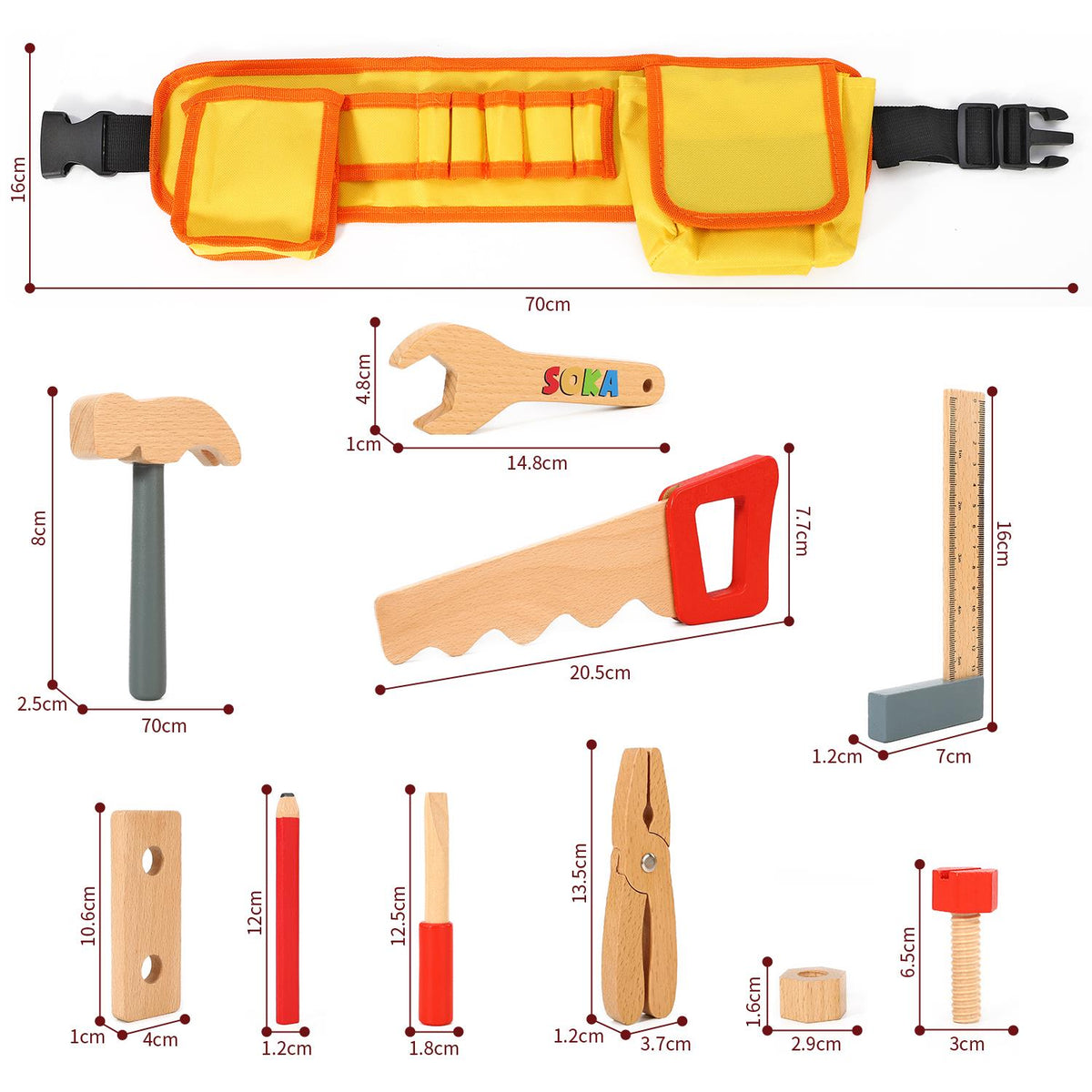 SOKA My Tool Belt Wooden Role Play Set with Hammer, Spanner & Saw – Adjustable Children's Toy Tools