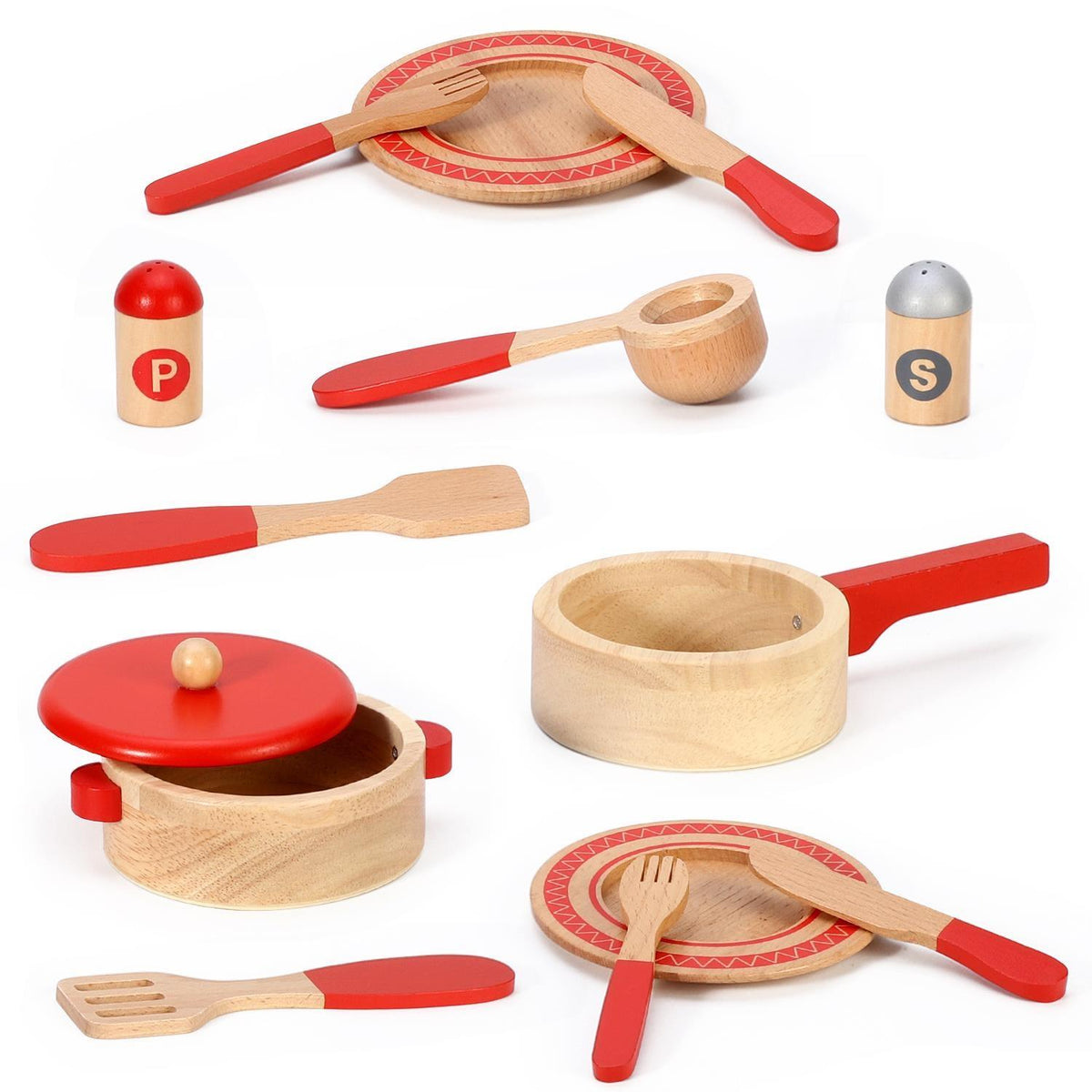 SOKA Red Wooden Cooking Set – Kids Pretend Play Kitchen Toy with Pans, Utensils & Plates