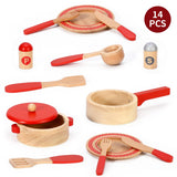 SOKA Red Wooden Cooking Set – Kids Pretend Play Kitchen Toy with Pans, Utensils & Plates
