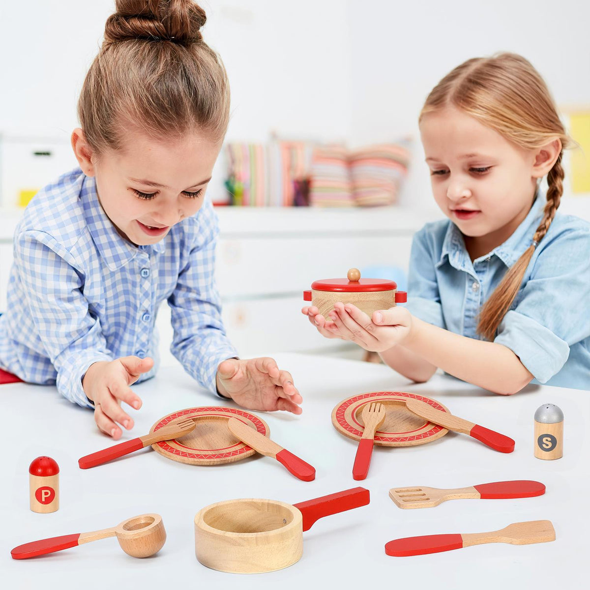 SOKA Red Wooden Cooking Set – Kids Pretend Play Kitchen Toy with Pans, Utensils & Plates