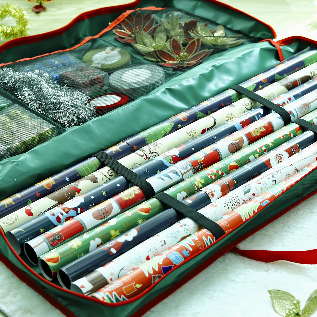 Vinsani Christmas Gift Wrap Fabric Storage Bag with Zip Closure and Handles – Wrapping Paper Organiser