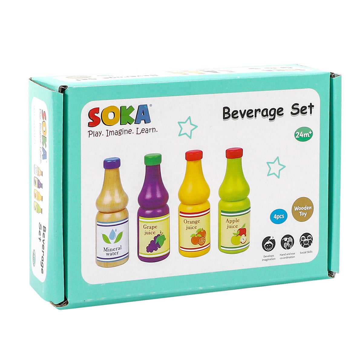 SOKA Wooden Beverage Set, 4 Drink Bottles – Pretend Play Kitchen Toy for Kids Aged 2+