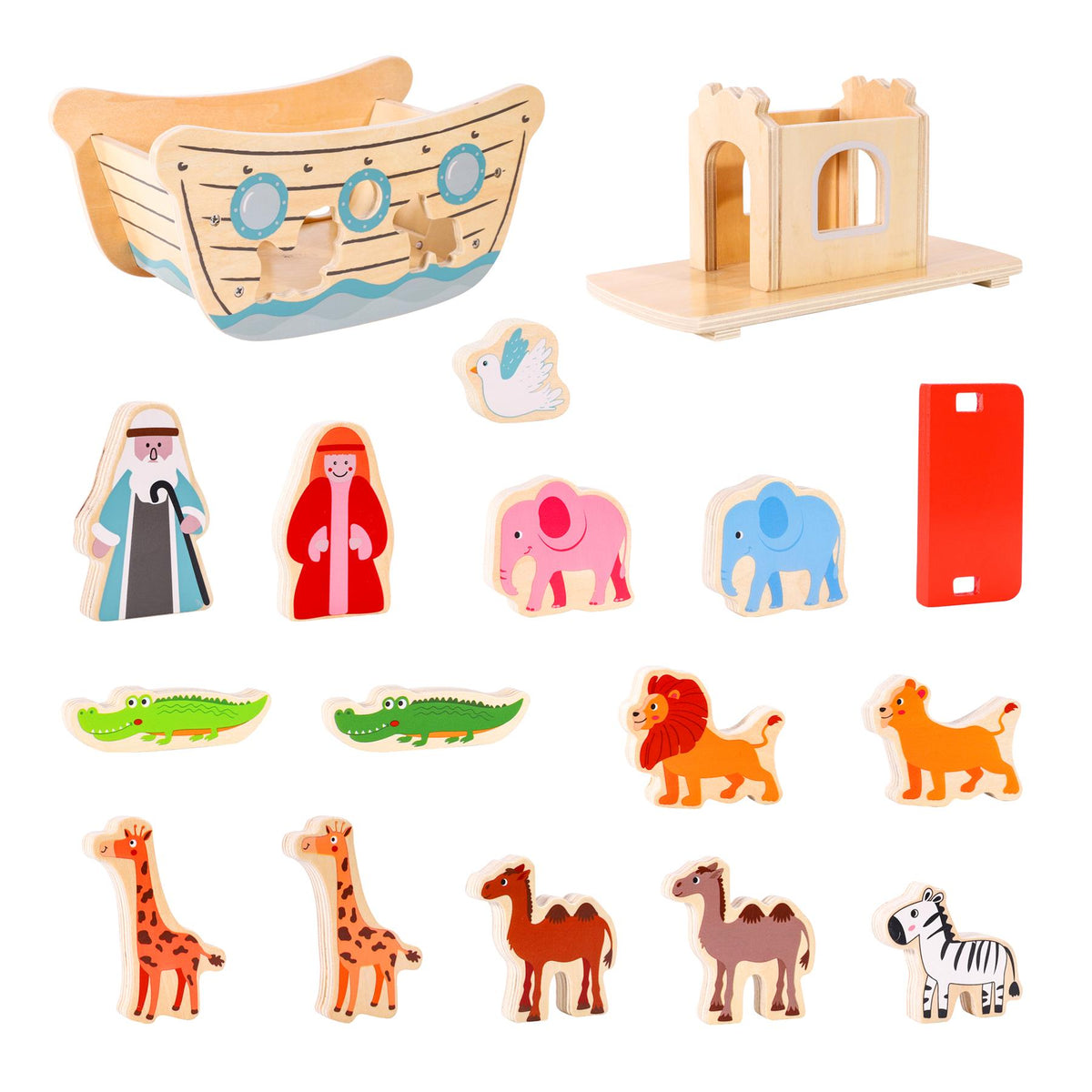 SOKA Wooden Noah's Ark Playset with Mr and Mrs Noah and 13 Animals – Toy for Imaginative Play