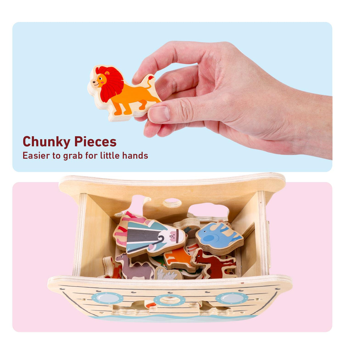SOKA Wooden Noah's Ark Playset with Mr and Mrs Noah and 13 Animals – Toy for Imaginative Play