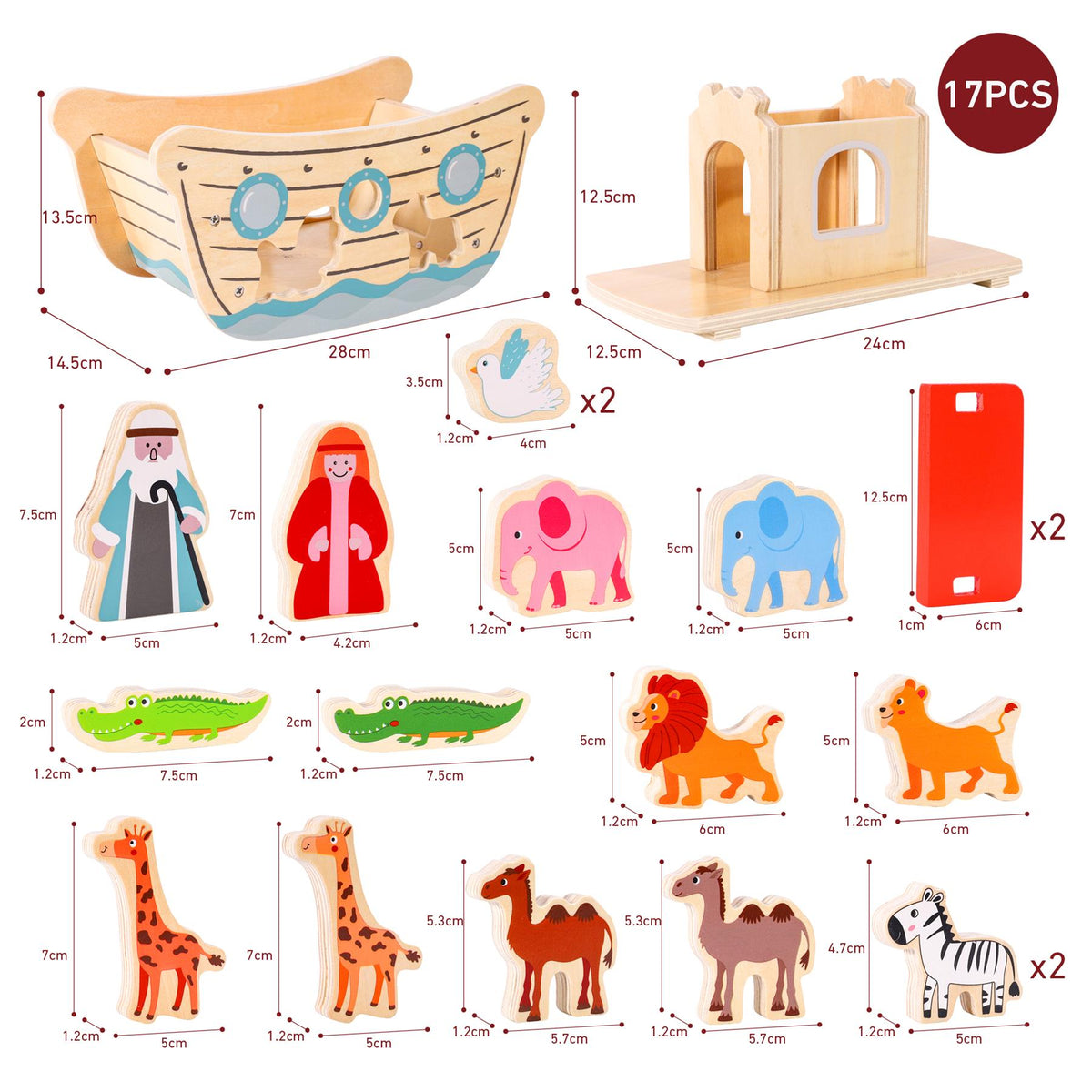 SOKA Wooden Noah's Ark Playset with Mr and Mrs Noah and 13 Animals – Toy for Imaginative Play