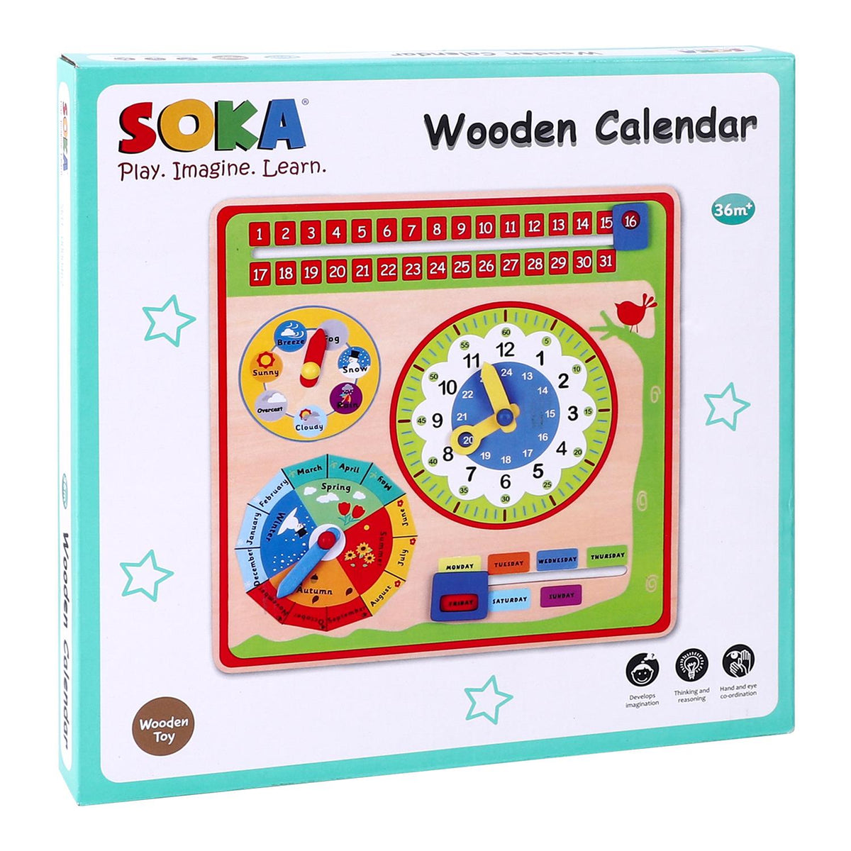 SOKA Wooden Wall Calendar with 5 Dials for Date, Weather, Time, Month & Season – Children's Learning Toy