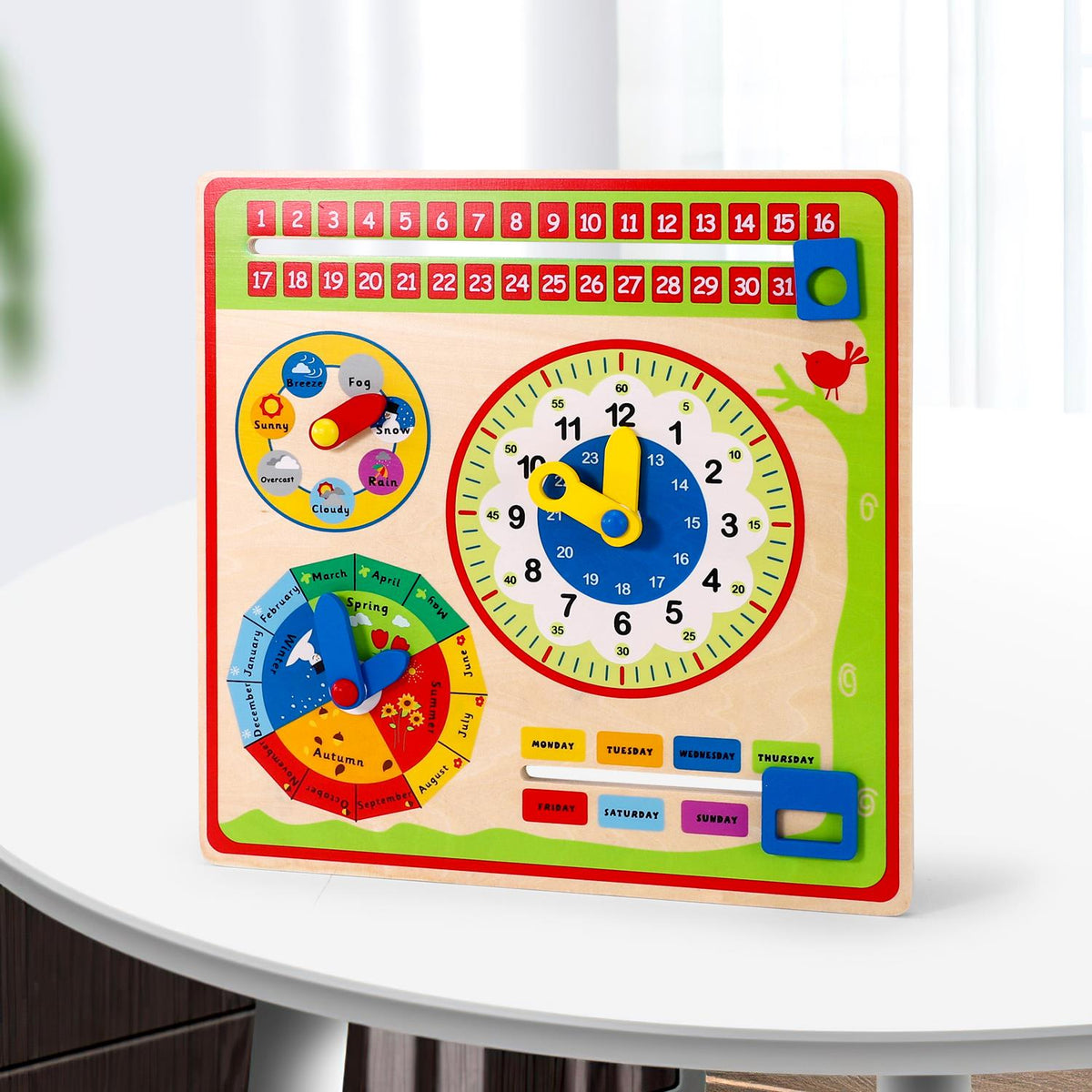 SOKA Wooden Wall Calendar with 5 Dials for Date, Weather, Time, Month & Season – Children's Learning Toy