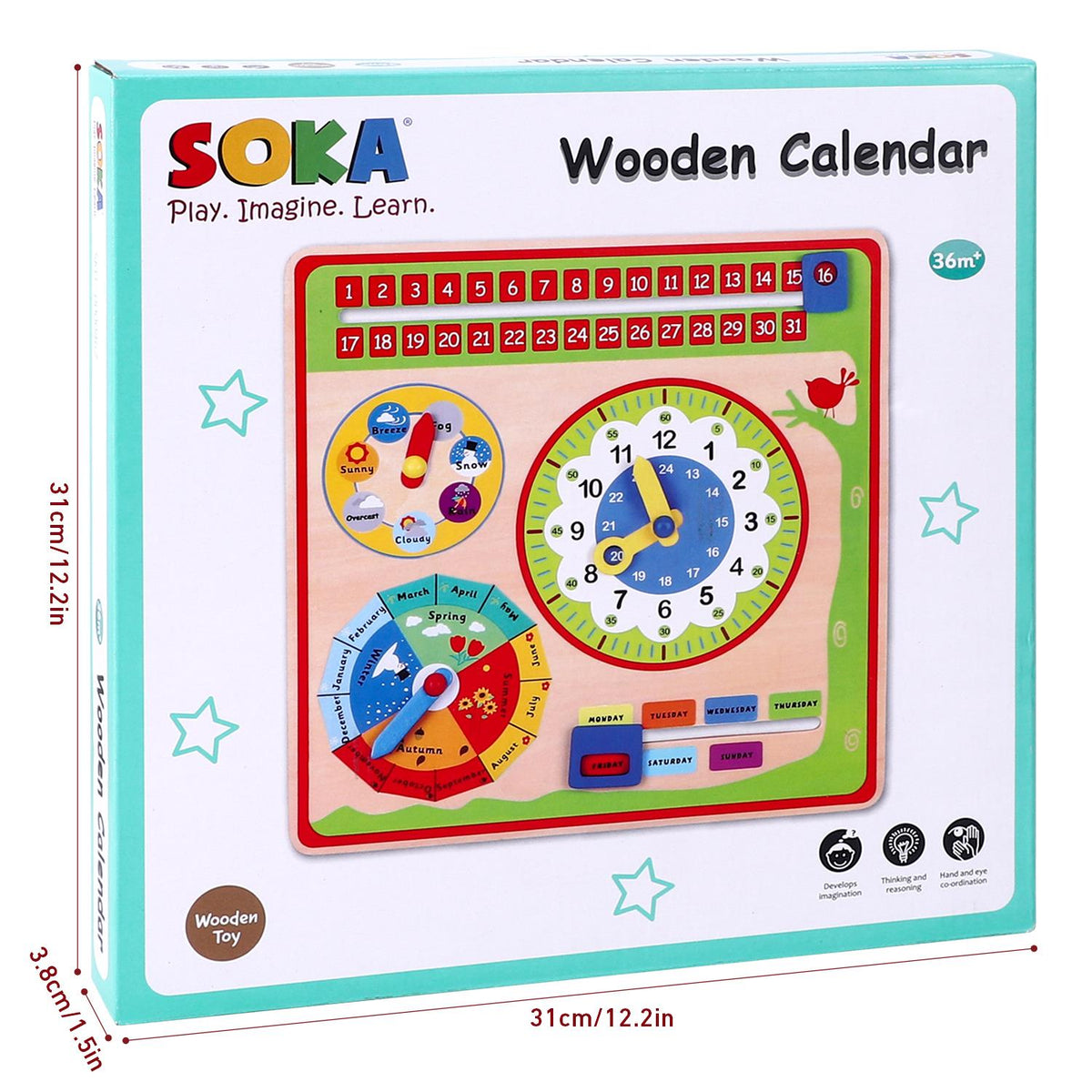 SOKA Wooden Wall Calendar with 5 Dials for Date, Weather, Time, Month & Season – Children's Learning Toy