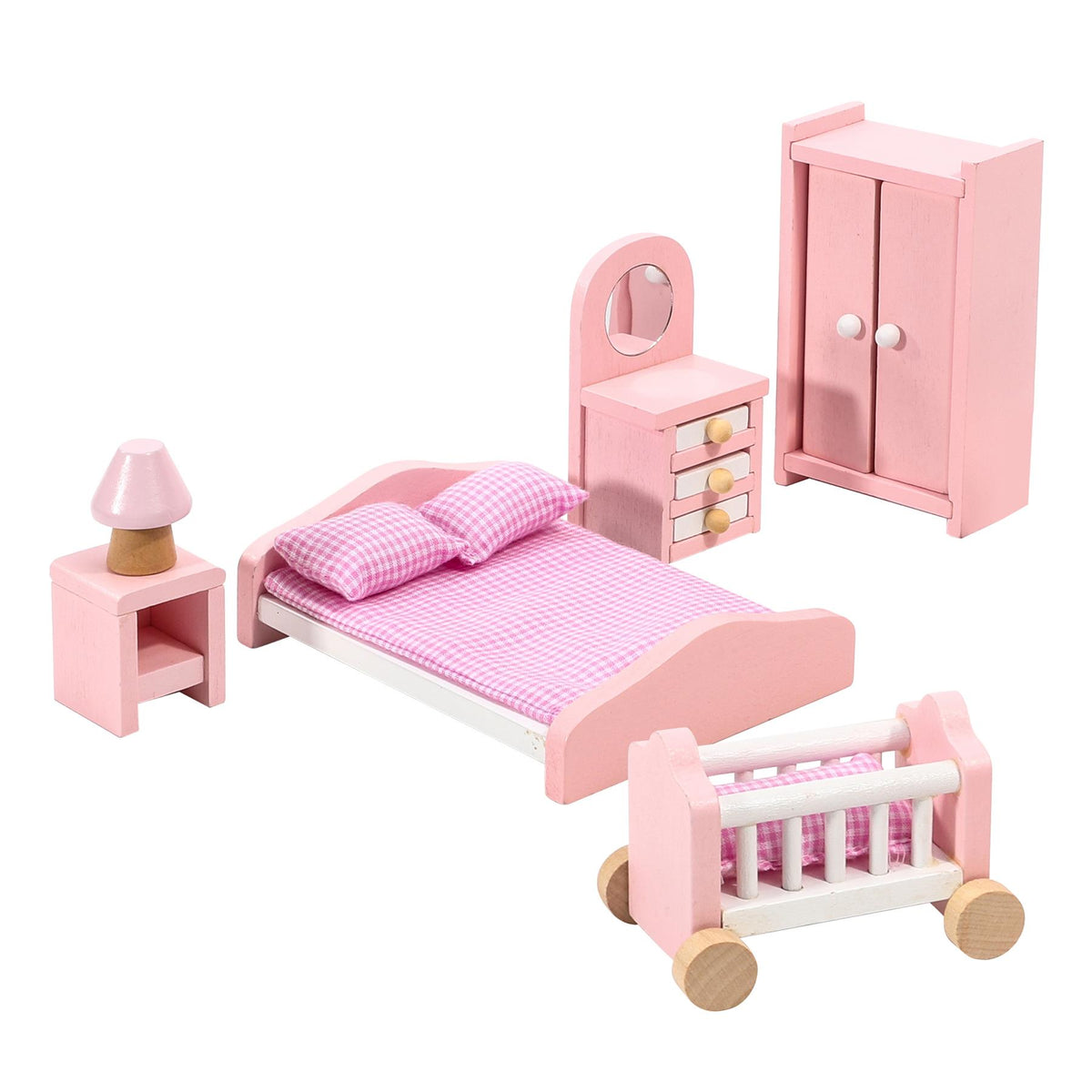 SOKA Wooden Dolls House Bedroom Furniture Set, 6 Pieces – Bed, Vanity Mirror, Wardrobe, Lamp & Side Table