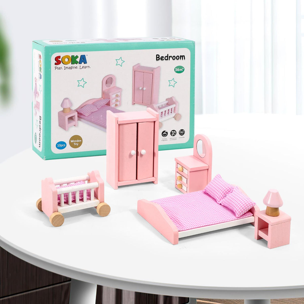 SOKA Wooden Dolls House Bedroom Furniture Set, 6 Pieces – Bed, Vanity Mirror, Wardrobe, Lamp & Side Table