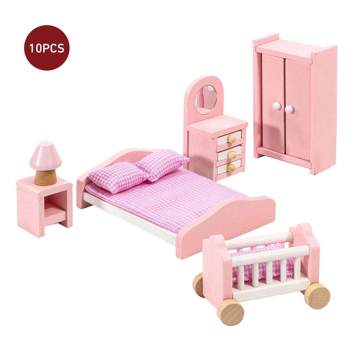 SOKA Wooden Dolls House Bedroom Furniture Set, 6 Pieces – Bed, Vanity Mirror, Wardrobe, Lamp & Side Table