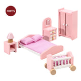 SOKA Wooden Dolls House Bedroom Furniture Set, 6 Pieces – Bed, Vanity Mirror, Wardrobe, Lamp & Side Table