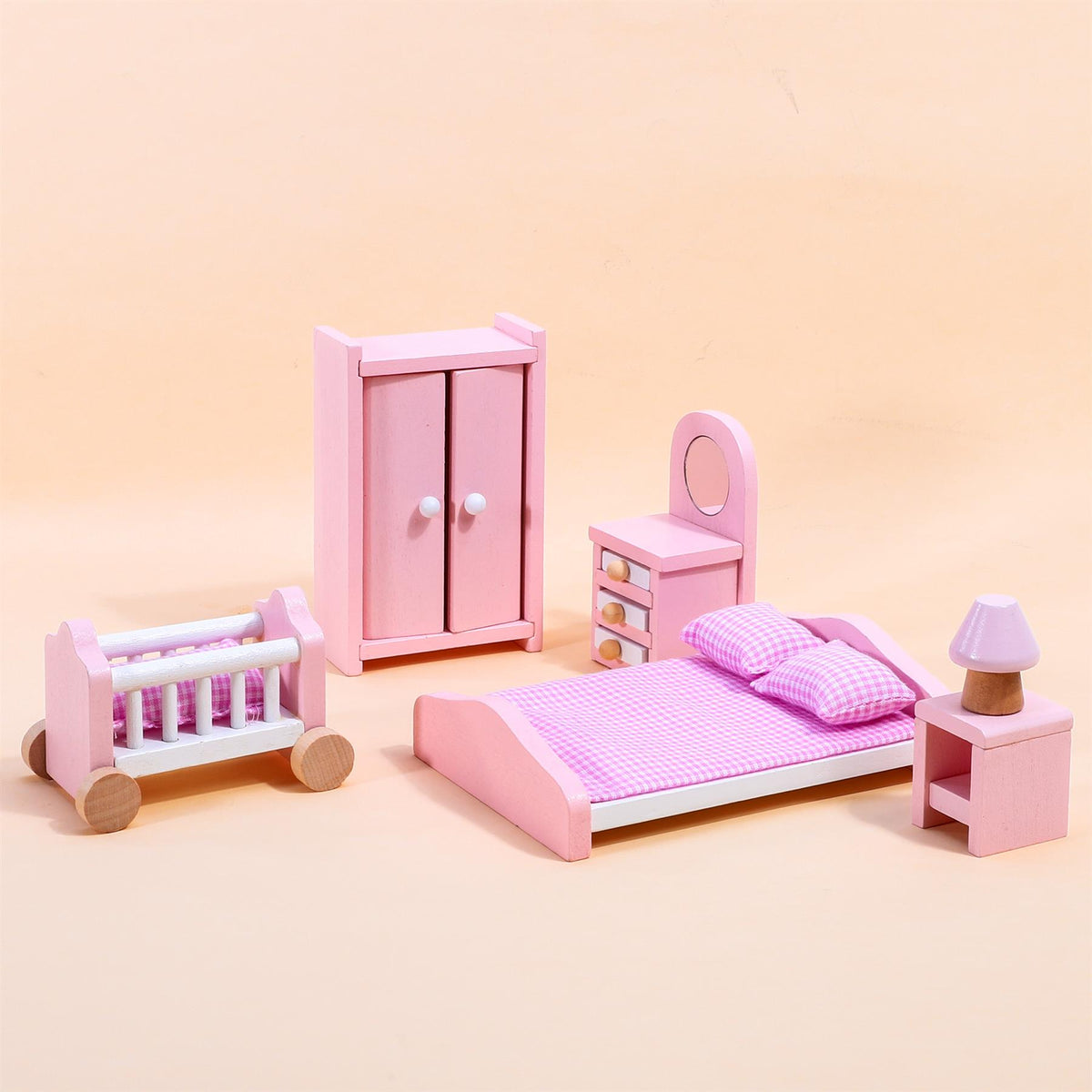 SOKA Wooden Dolls House Bedroom Furniture Set, 6 Pieces – Bed, Vanity Mirror, Wardrobe, Lamp & Side Table