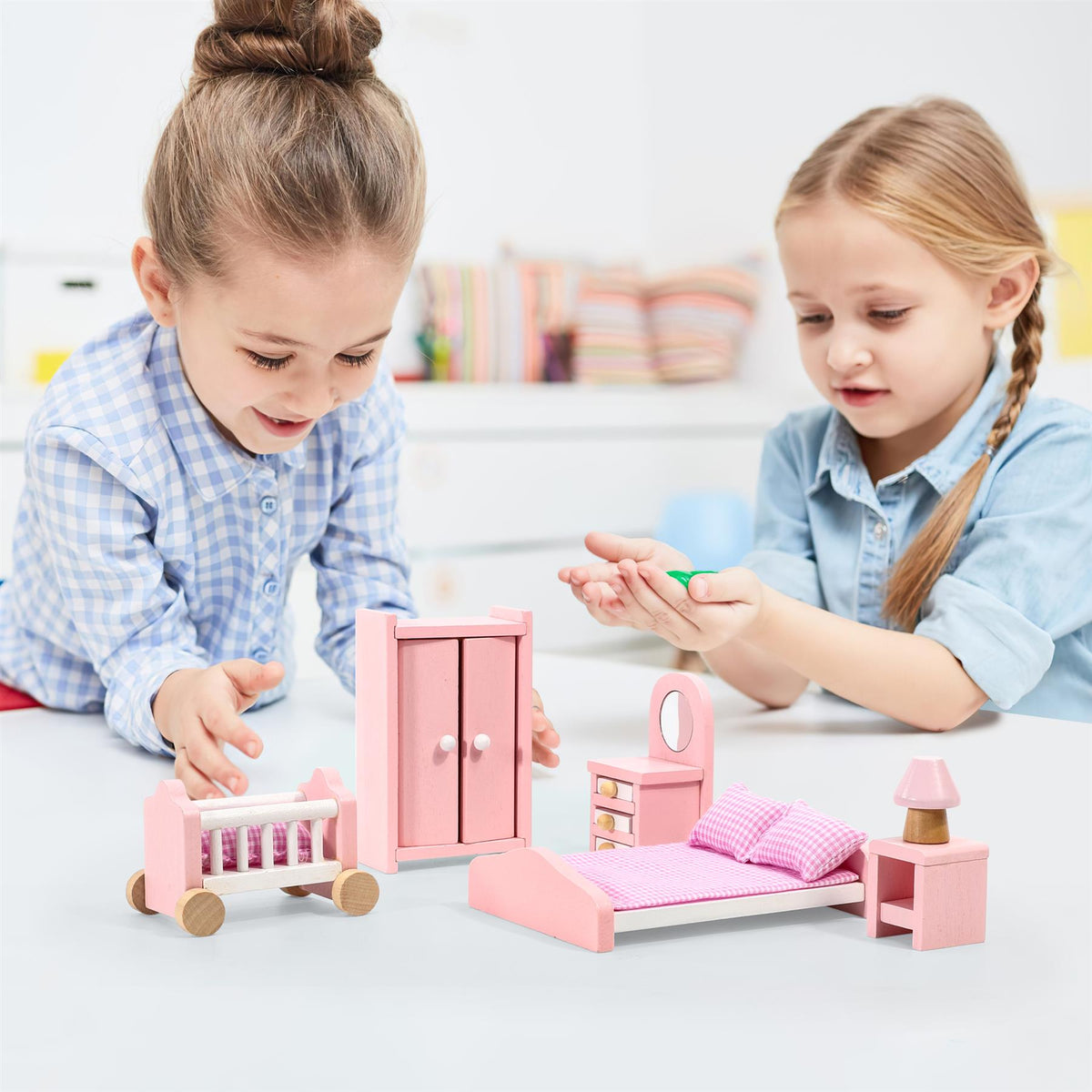 SOKA Wooden Dolls House Bedroom Furniture Set, 6 Pieces – Bed, Vanity Mirror, Wardrobe, Lamp & Side Table
