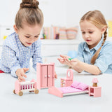 SOKA Wooden Dolls House Bedroom Furniture Set, 6 Pieces – Bed, Vanity Mirror, Wardrobe, Lamp & Side Table