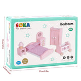 SOKA Wooden Dolls House Bedroom Furniture Set, 6 Pieces – Bed, Vanity Mirror, Wardrobe, Lamp & Side Table