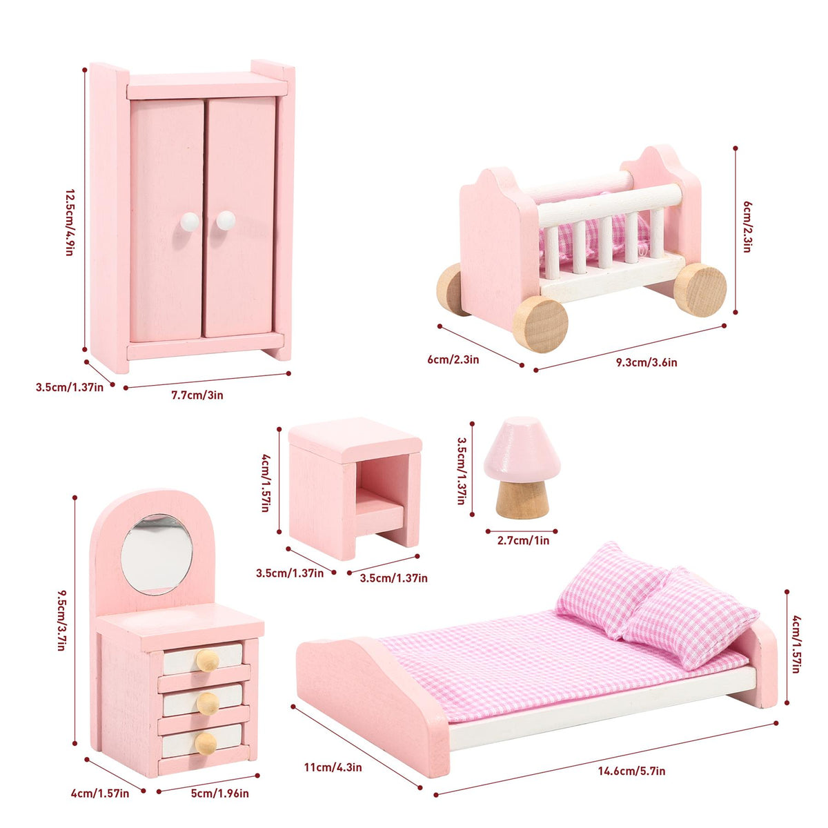 SOKA Wooden Dolls House Bedroom Furniture Set, 6 Pieces – Bed, Vanity Mirror, Wardrobe, Lamp & Side Table
