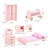 SOKA Wooden Dolls House Bedroom Furniture Set, 6 Pieces – Bed, Vanity Mirror, Wardrobe, Lamp & Side Table