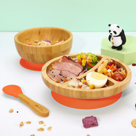 Kids bamboo bowl plate and spoon set