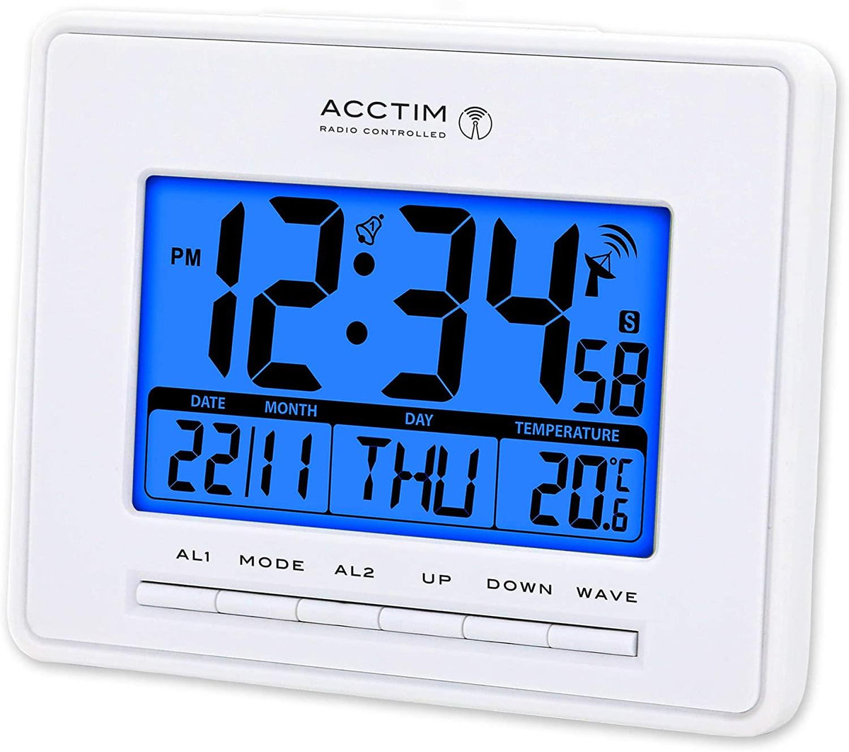 Acctim Infinity Radio-Controlled LCD Desk & Wall Alarm Clock with Alarm Function – Clear Display, White