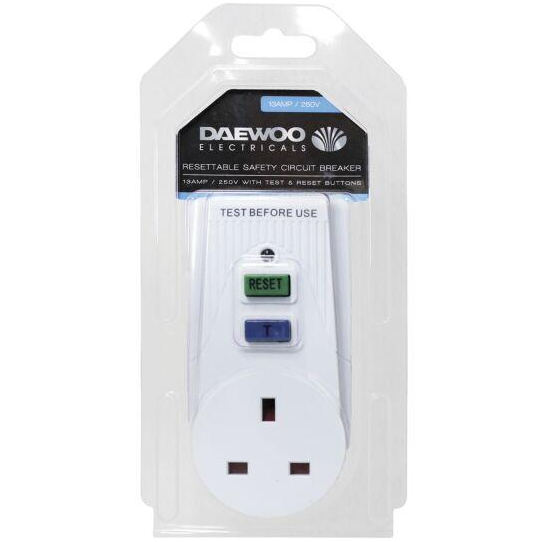Daewoo RCD Adaptor Circuit Breaker – 13A 250V Resettable Plug-In Electrical Safety Protection, White