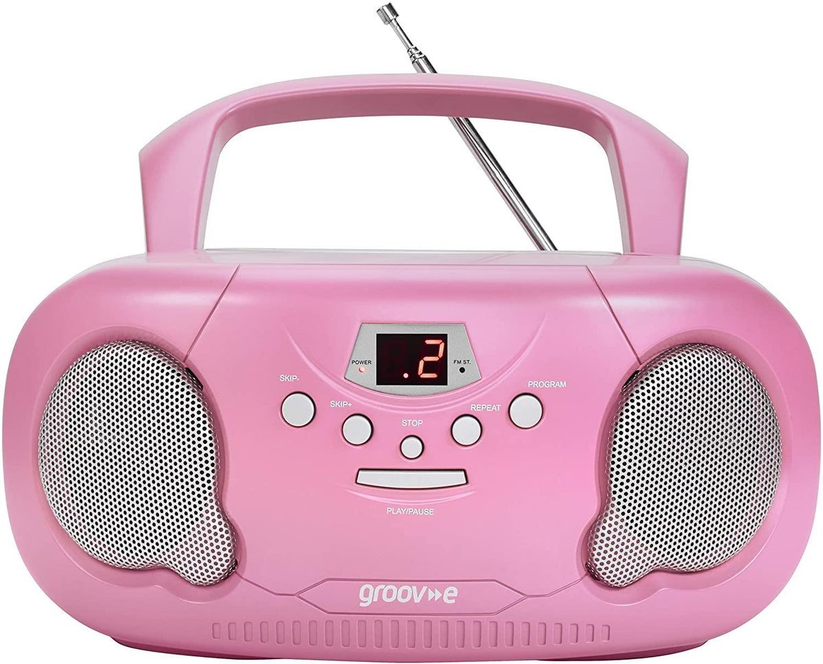Groov-e Boombox CD Player with AM/FM Radio, LED Display & Headphone Jack – Portable Stereo, Pink