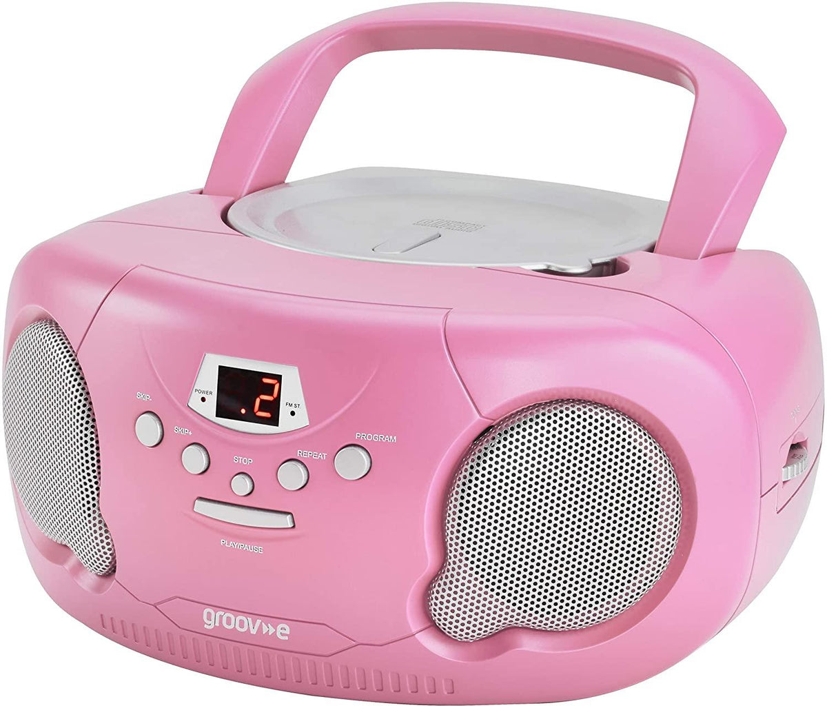 Groov-e Boombox CD Player with AM/FM Radio, LED Display & Headphone Jack – Portable Stereo, Pink