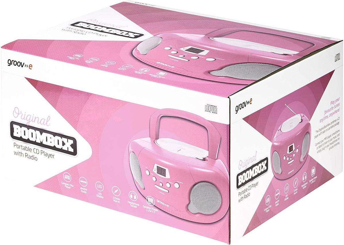 Groov-e Boombox CD Player with AM/FM Radio, LED Display & Headphone Jack – Portable Stereo, Pink