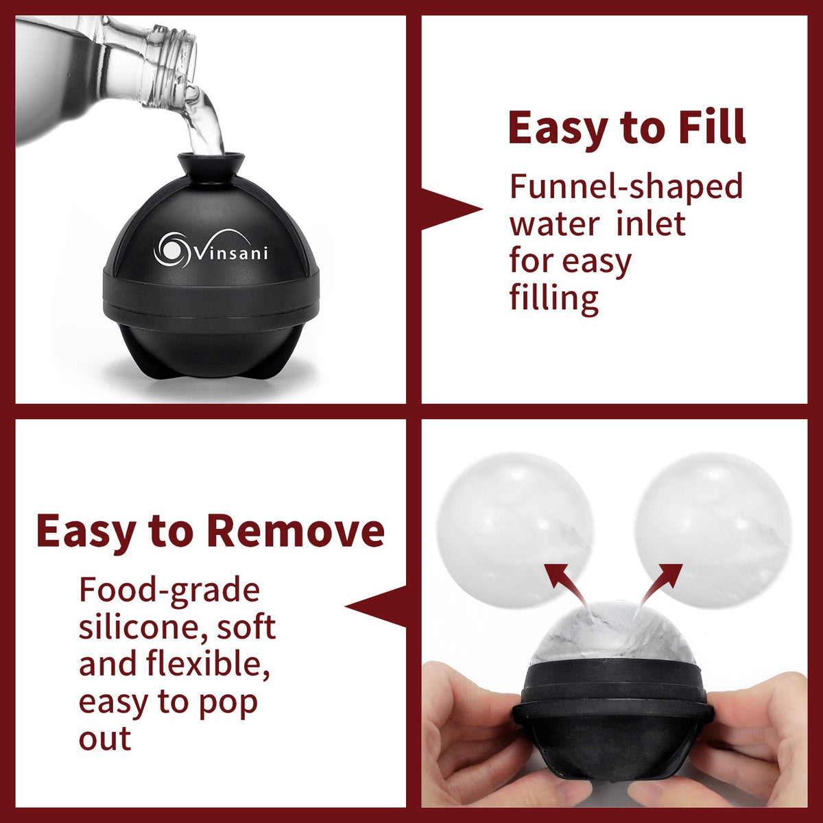VINSANI 2-Pack Large Ice Ball Sphere Moulds – 6cm Slow-Melting Ice for Whisky & Cocktails