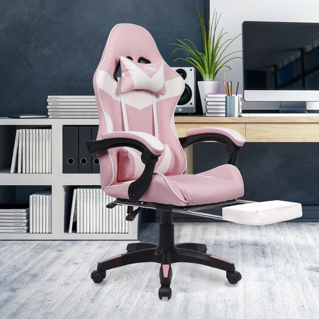 Green racing gaming chair with footrest