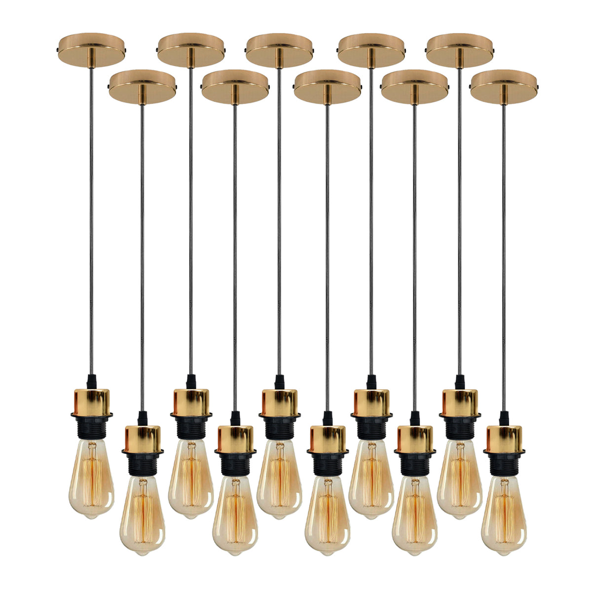 Industrial Pendant Light Fittings, Pack of 10 – E27 Lamp Holders with Ceiling Rose & 95 cm PVC Cable, French Gold