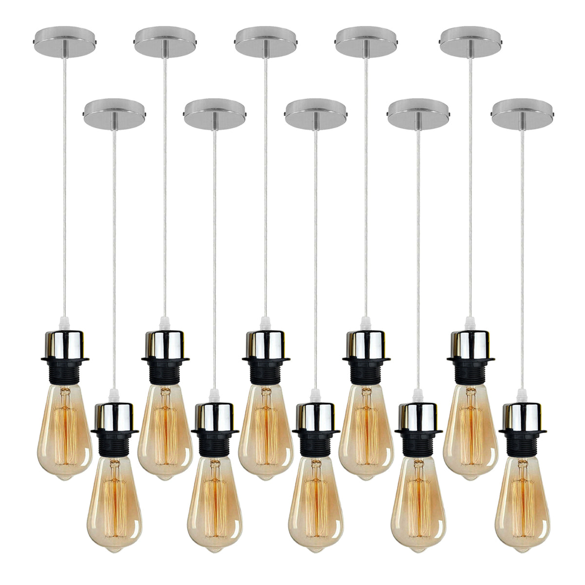 Industrial Chrome Pendant Light 10 Pack with E27 Holder & 95cm PVC Cable – Retro Lampshade-Ready Kit