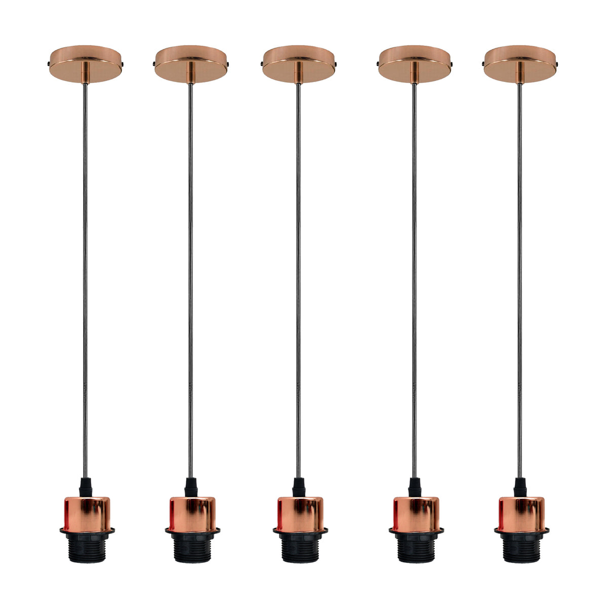 5 Pack Industrial Rose Gold Pendant Light Holders with 95cm Cable – E27 Vintage Ceiling Fittings