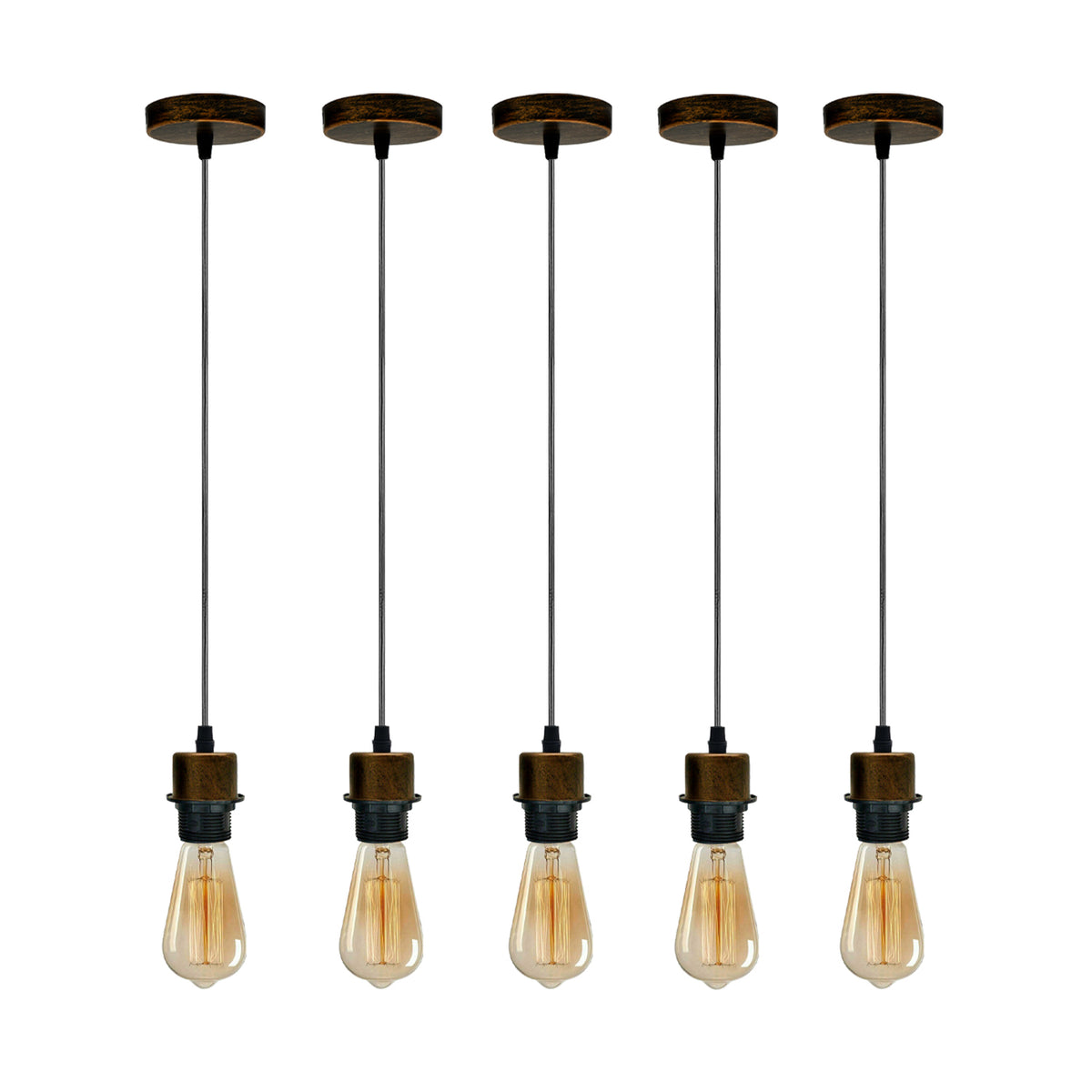 5 Pack Industrial Brushed Copper Pendant Light Holders with 95cm Cable – E27 Vintage Ceiling Fittings